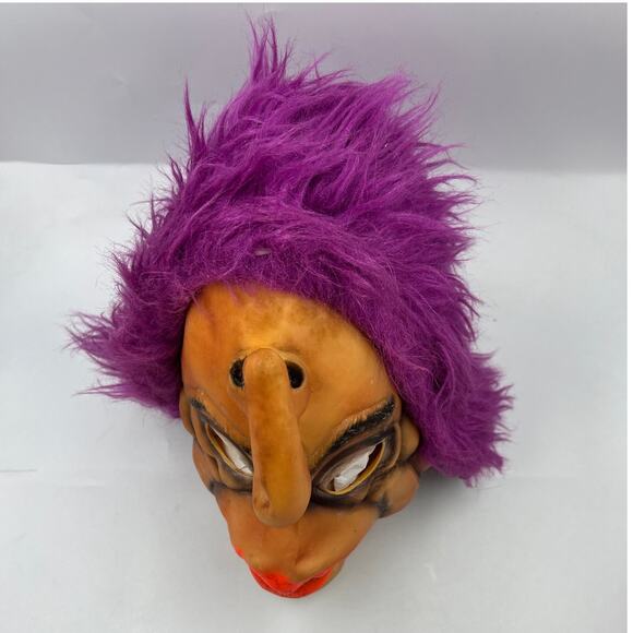 Vintage Scary Upside Down Nose Purple Hair Latex Mask Halloween Costume Creepy - Picture 7 of 8